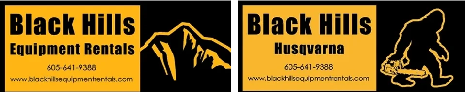 Black Hills Equipment Rentals and Black Hills Husqvarna logo banner with yellow branding, mountain graphic, and Bigfoot holding a chainsaw.