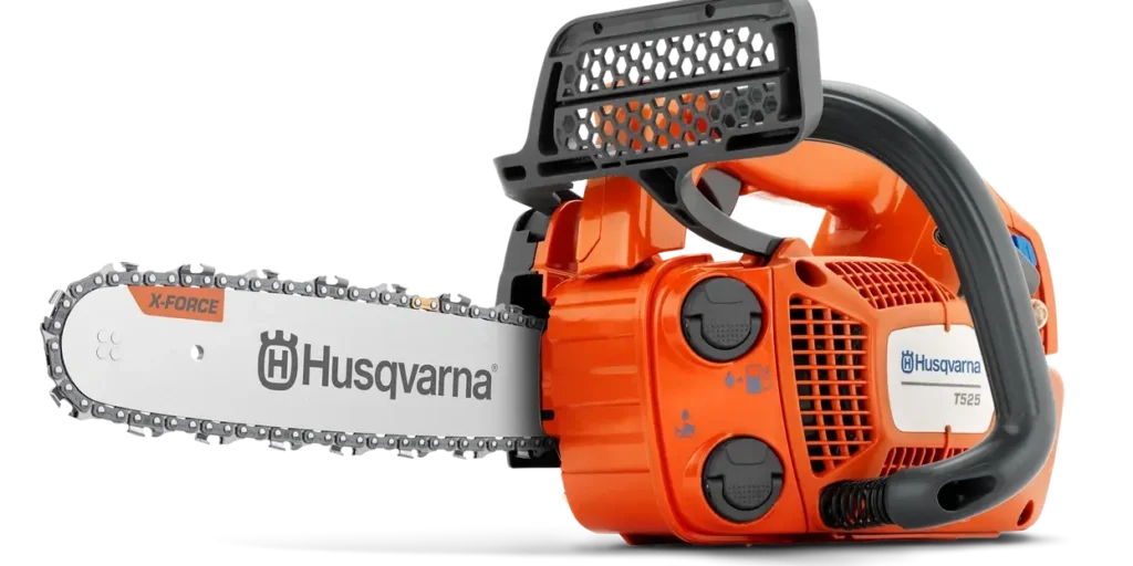 Husqvarna T525 chainsaw with X-Force bar and orange housing, shown on a white background.
