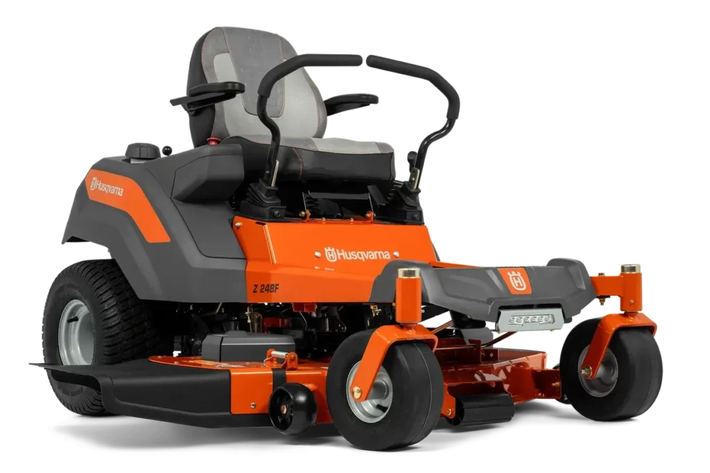 Husqvarna Z248F zero-turn lawn mower with orange deck and ergonomic seat, shown on a white background.