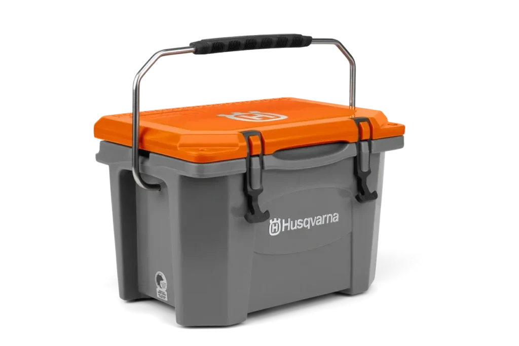Husqvarna storage box with orange lid and gray body featuring latches and a metal carrying handle on a white background.