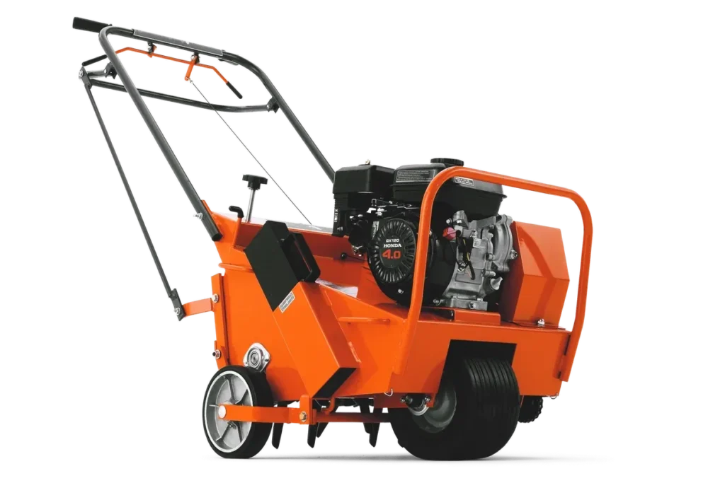 Husqvarna specialty turf equipment with Honda 4.0 engine, orange frame, and rear wheel drive, shown on a white background.